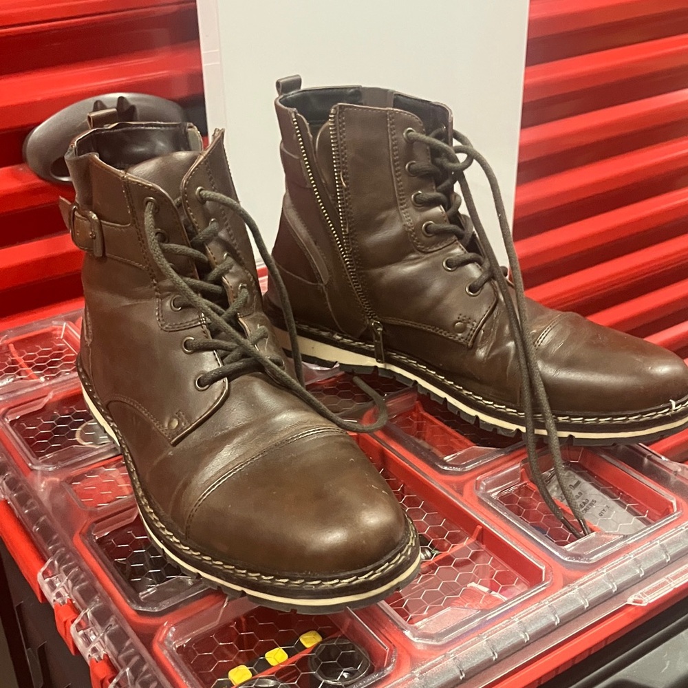 Crevo Men's Dark Brown Leather Lace-Up Zip Combat Boots